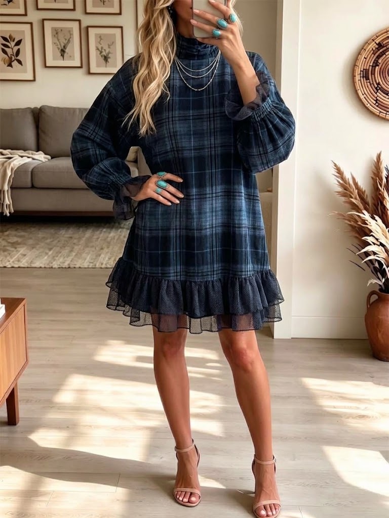 Plaid Mock-neck Sheer Ruffled Mini Dress