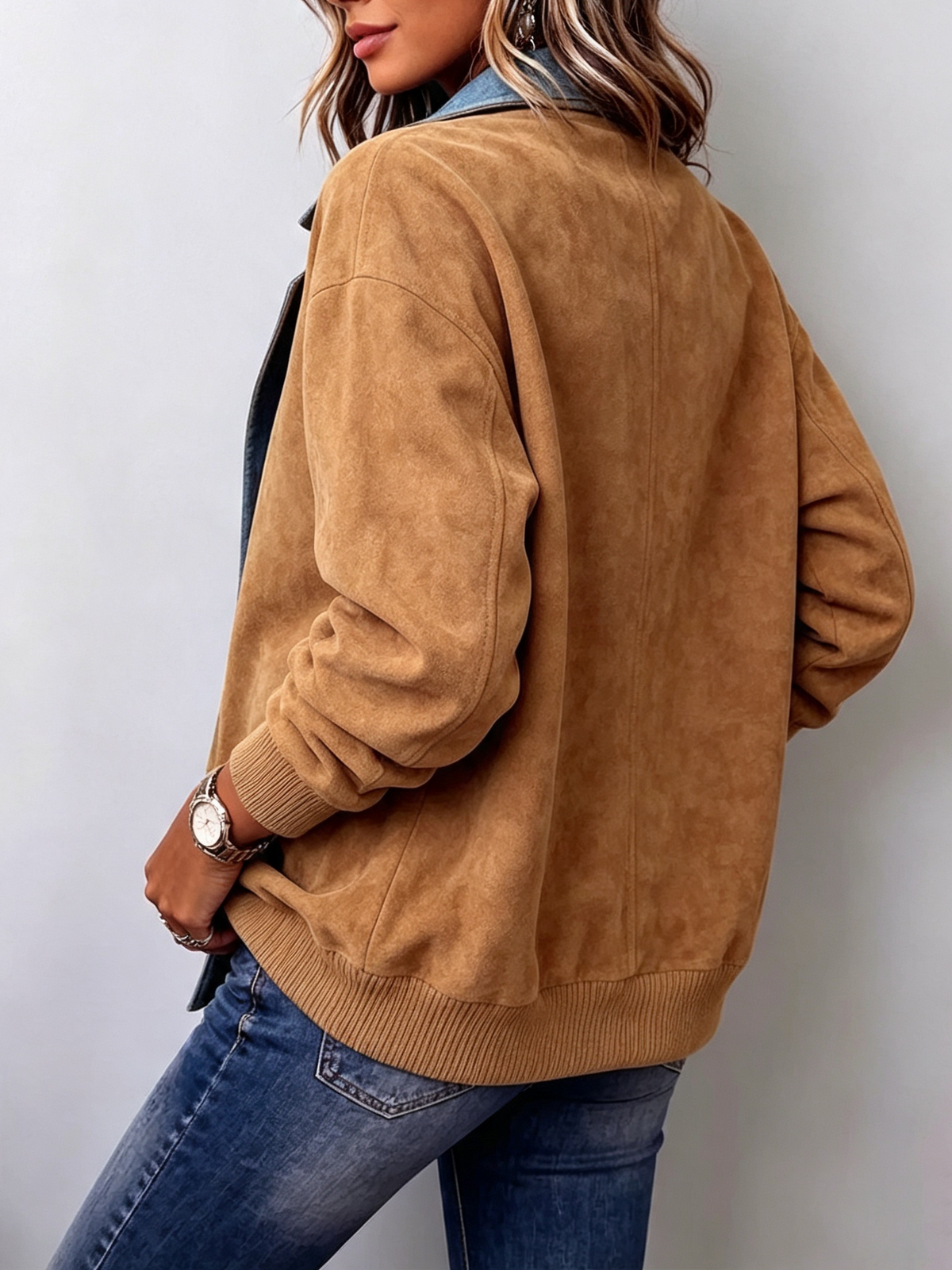 Vintage-chic Suede Patchwork Denim Jacket