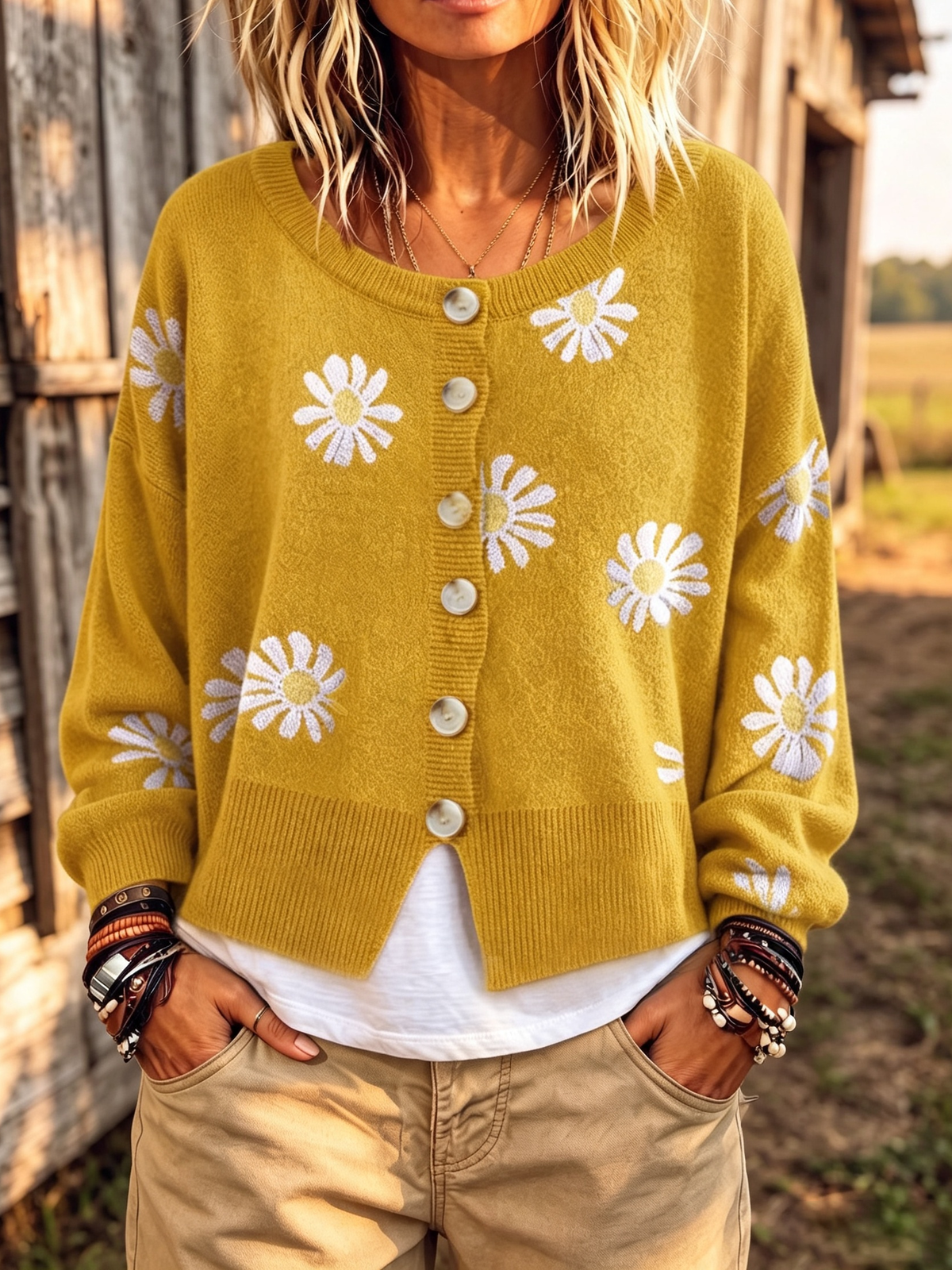 Daisy Pattern Button-up Cardigan Sweater