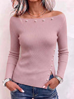 Women's Solid-color Off-shoulder Long-sleeve Loose Knit Top With Beading
