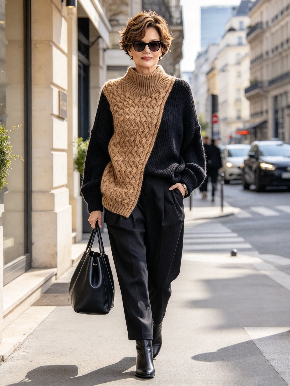 Moderner, gemütlicher Colorblock-Pullover mit Zopfmuster und Stehkragen