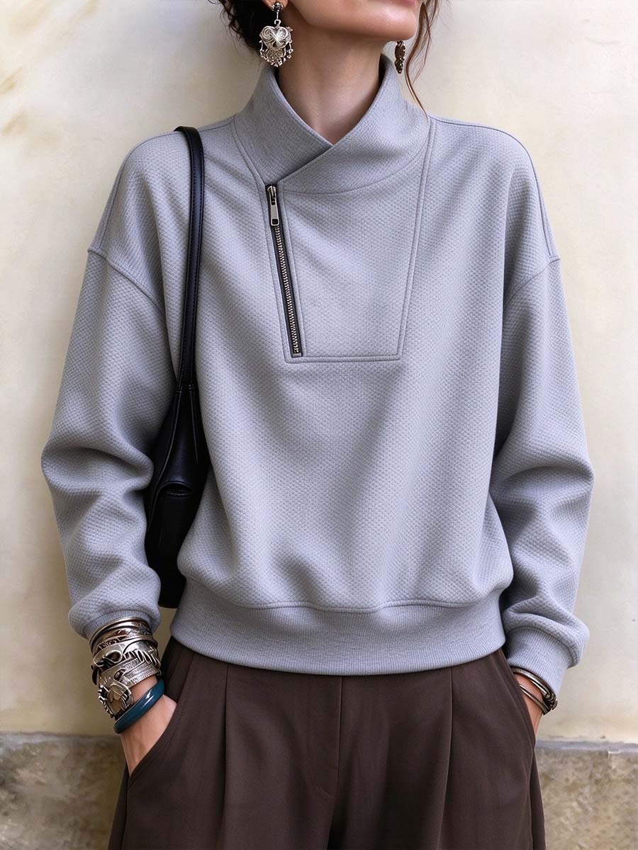 Women's Asymmetrical Zip-Up High Neck Textured Pullover