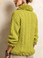 Women's Green Cable Knit Zip-up Cardigan With Fuzzy Trim