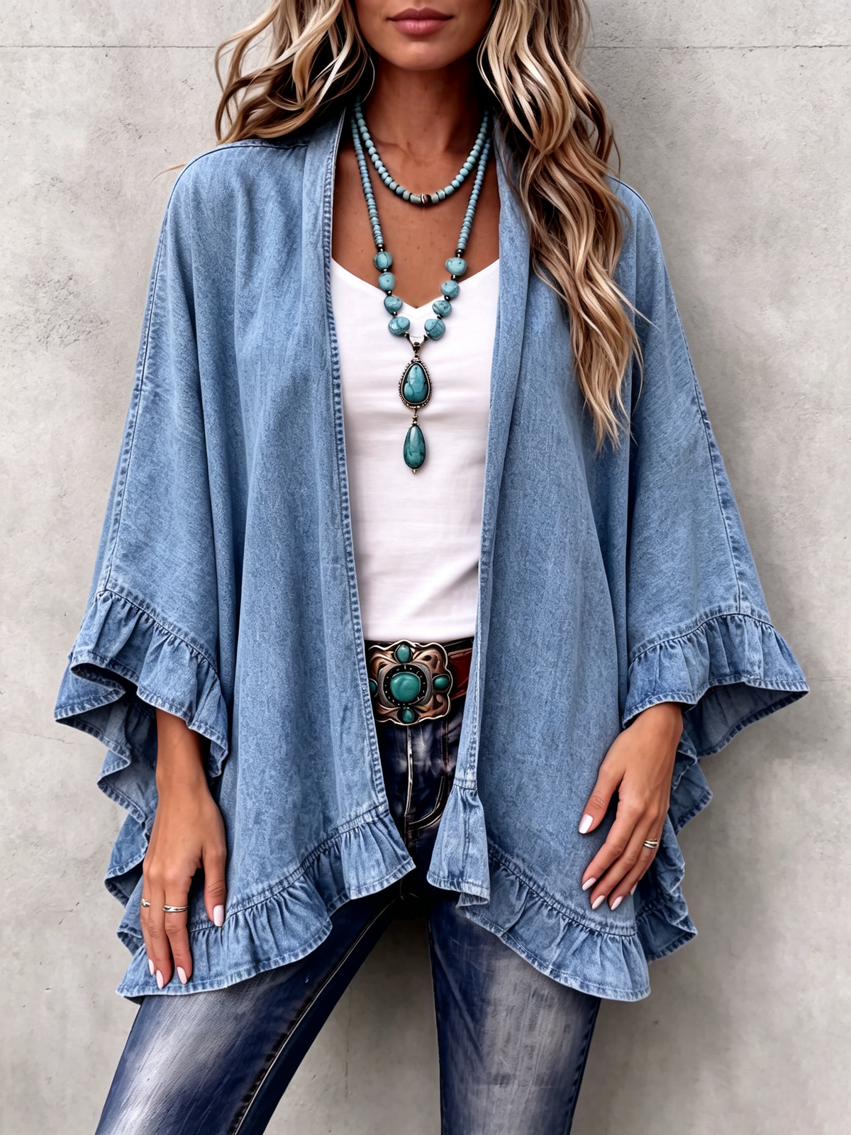 Chic Boho Denim Ruffle Trim Cardigan