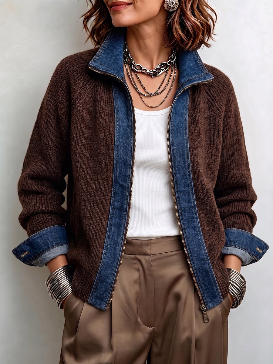 Ŝika Denim-Trim Ribbed Knit Zip-Up