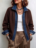 Ŝika Denim-Trim Ribbed Knit Zip-Up