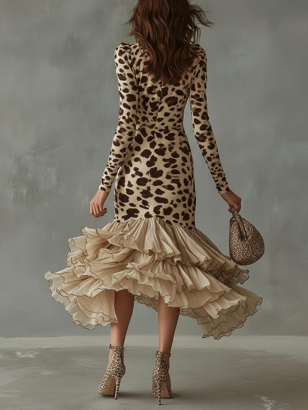 Fashionable Color-blocked Knit Wrap Dress Featuring A Solid-color Chiffon Hem And Leopard Print.