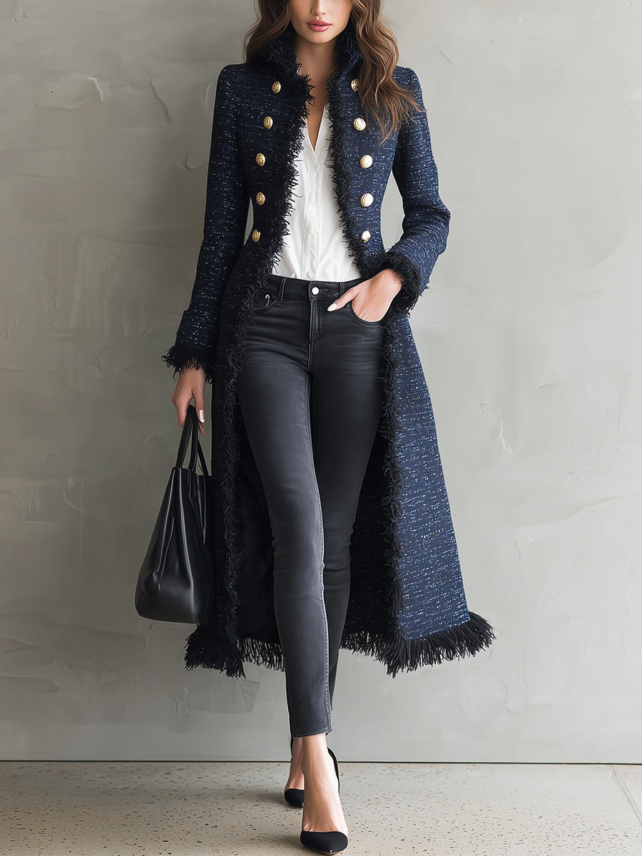 Exquisite And Glamorous Long Navy Blue Tweed Coat With Tassels.