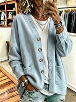 Corduroy V-neck Loose-fit Drop-shoulder Single-breasted Cardigan With Dual Pockets
