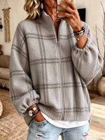 Lässiger karierter Damen-Strickcardigan mit Stehkragen und Reißverschluss
