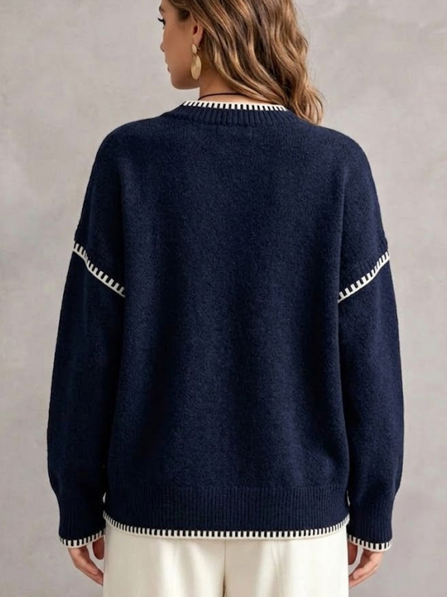 Contrast Stitching Crew Neck Drop‑shoulder Oversized Knit Sweater