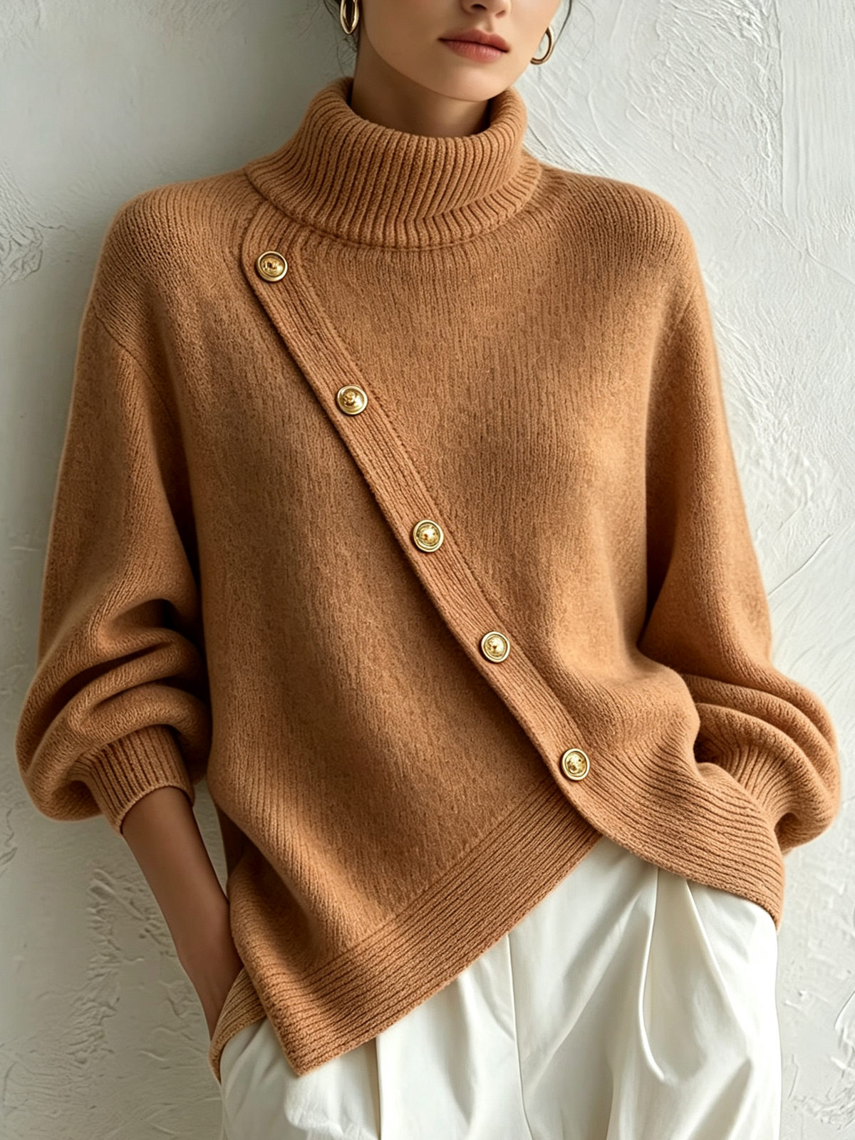 Chic Asymmetric Buttoned Turtleneck Sweater