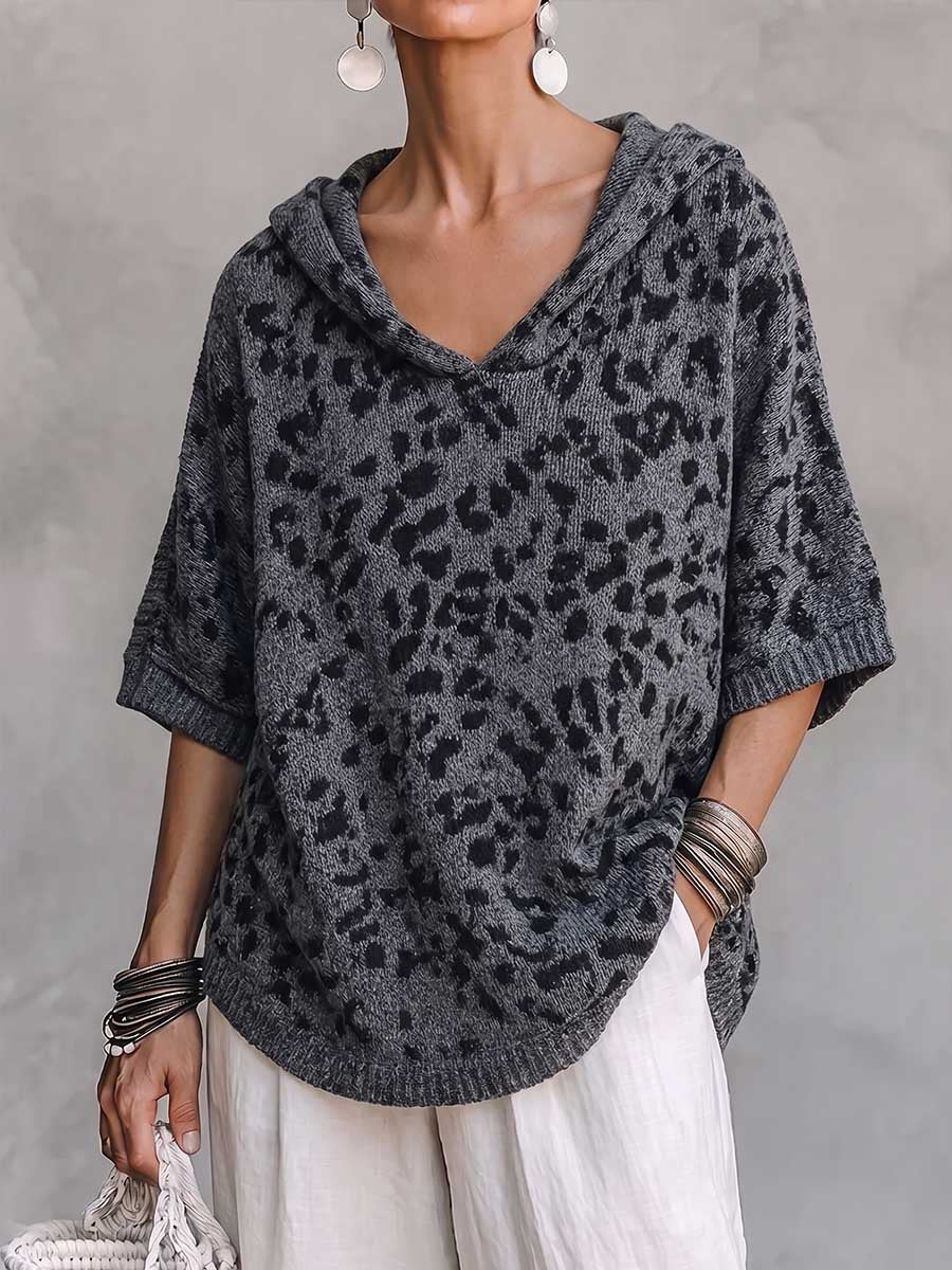 Women's Leopard Print V-neck 3/4 Sleeve Casual Loose Hooded Pullover Knit Sweater