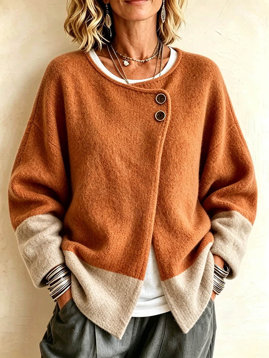 Cozy Asymmetrical Two-tone Wool Blend Cardigan