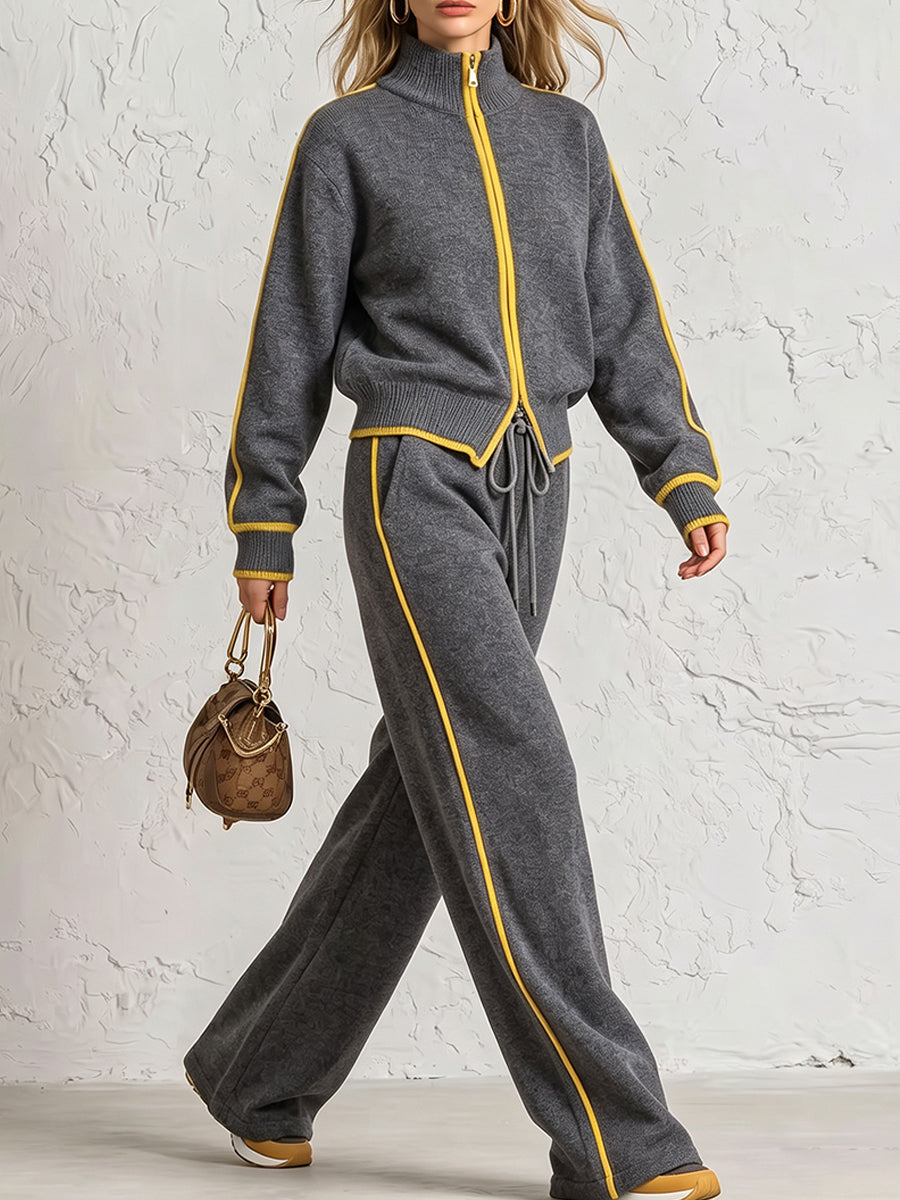 Elegante set di abbigliamento da casa in maglia con finiture a blocchi di colore