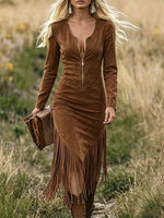 Virina Okcidenta Falsa Suede Franĝa V-Kolo Zip-Up Longa Manika Midi-Robo