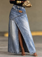 Women's high-waisted loose-fitting casual denim slit skirt