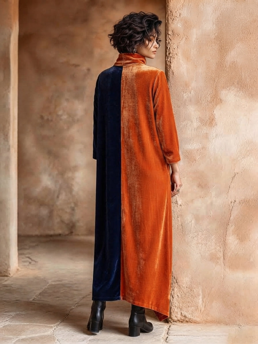 Künstlerisches, farbblockierendes, asymmetrisches Samt-Maxikleid