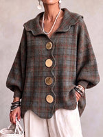 Vintage-Inspired Plaid Scalloped Knit Cardigan