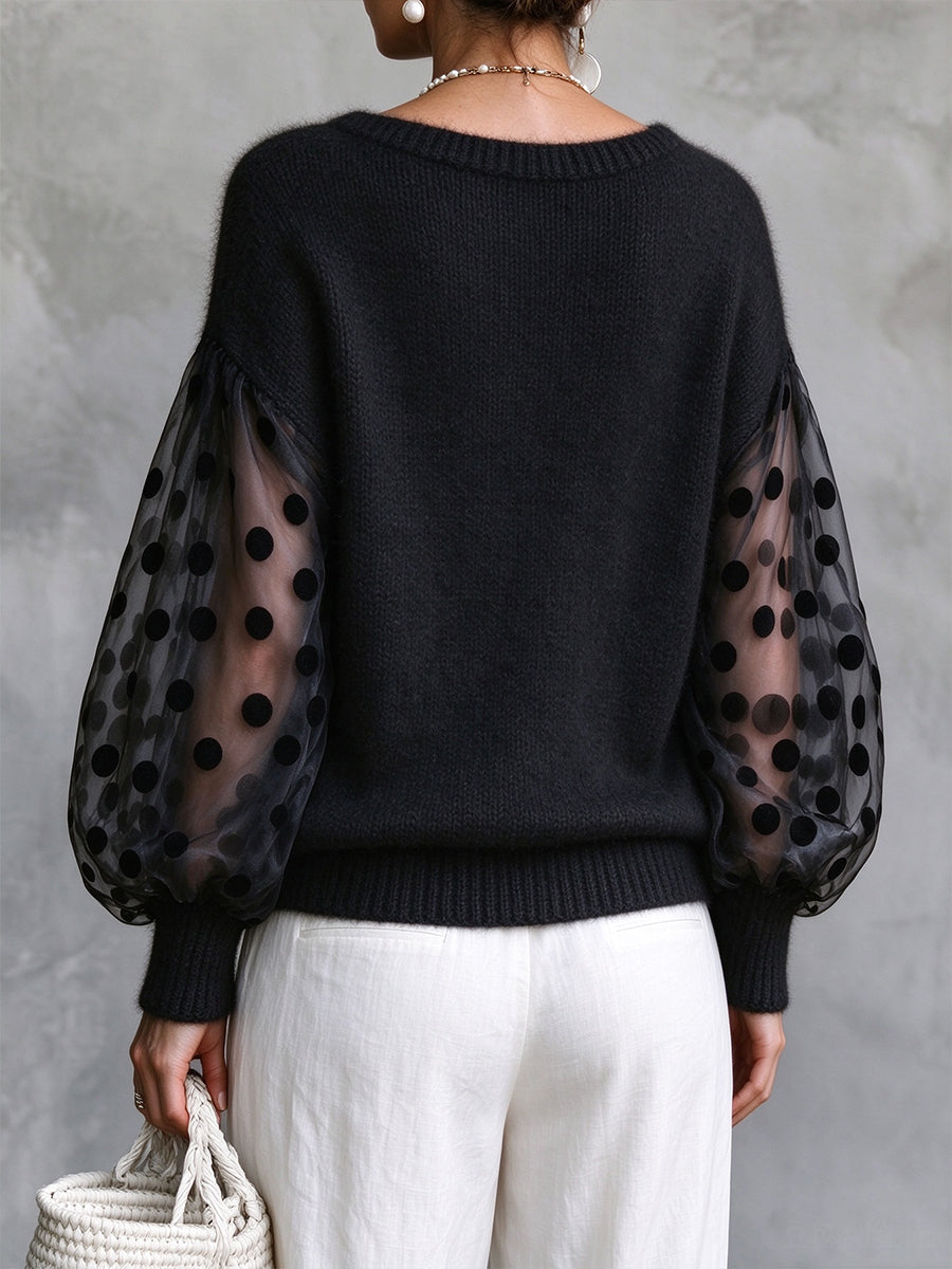 Elegant Sheer Velvet Polka-Dot Sleeve Sweater