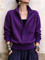 Damen-Pullover mit halbem Reißverschluss und Waffelmuster in Lila