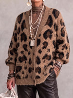 Flauschiger Damen-Cardigan mit Leopardenmuster und V-Ausschnitt – gemütlicher, übergroßer Button-Down-Pullovermantel