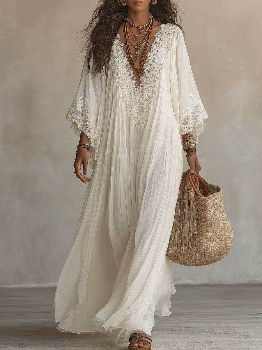 Maxi abito in pizzo patchwork e chiffon accogliente e romantico