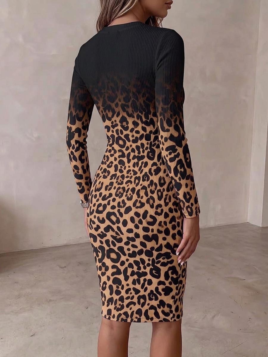 Abito aderente in maglia con stampa leopardata sfumata da donna con girocollo, dettagli ritagliati, allacciatura sul davanti e maniche lunghe