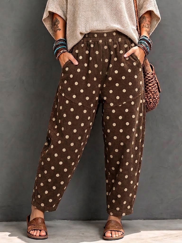 Pantaloni harem in velluto a coste a pois casual retrò