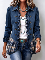 Chic Denim Ruffle Plaid Jacket