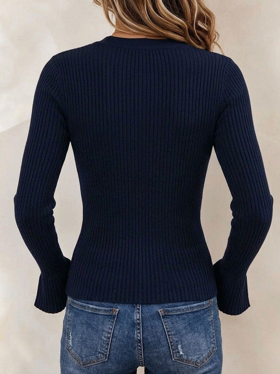 Farbblock-Rippstrickpullover für Damen mit V-Ausschnitt und asymmetrischem Knopfdetail