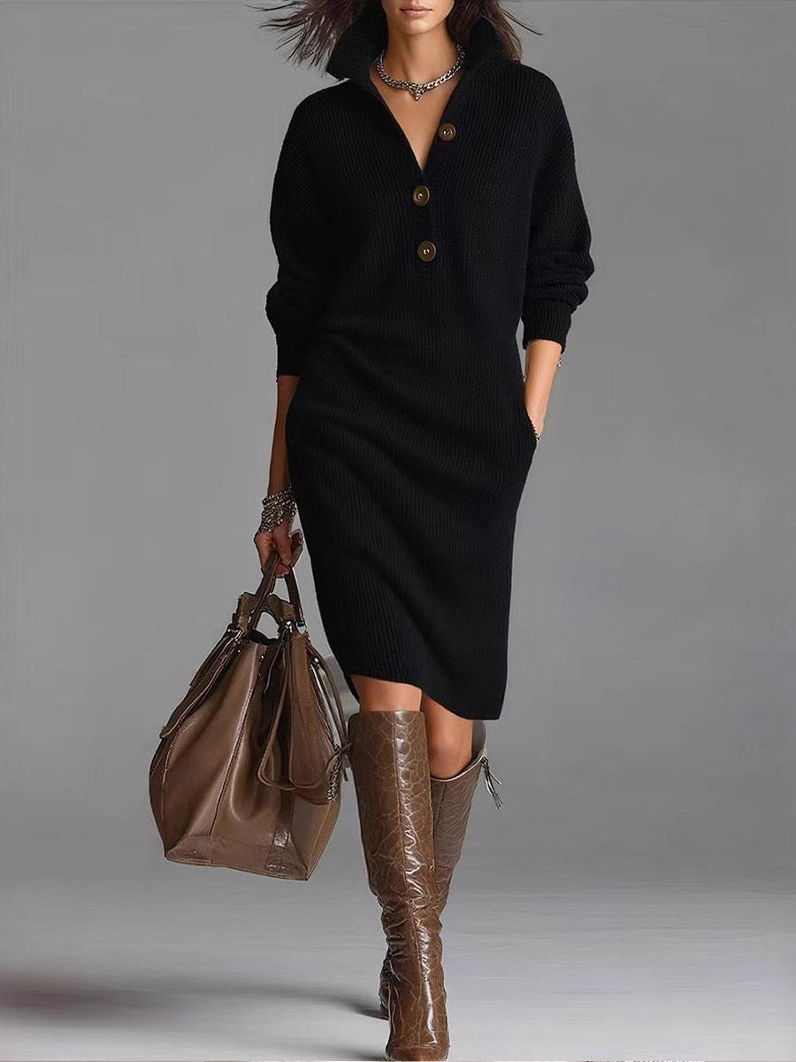 Women's Solid Color Stand Collar Long Sleeve Casual Loose Knit Dress