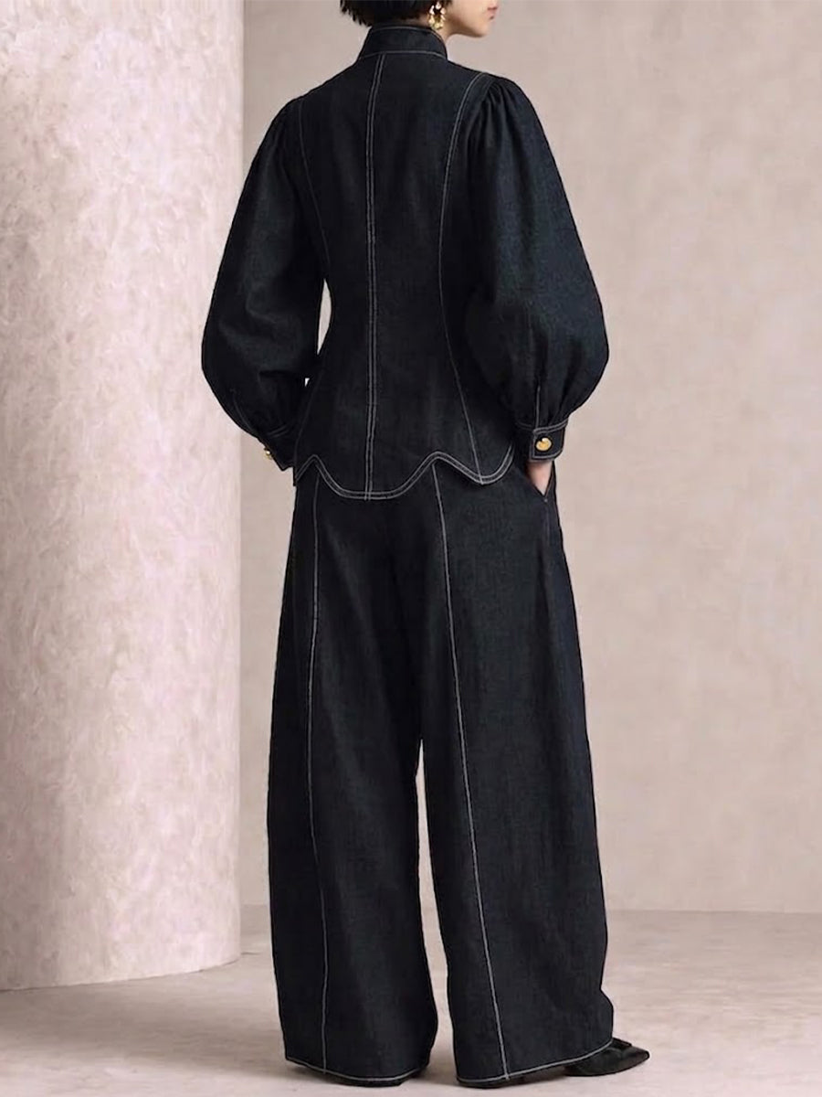 Stand‑collar Diagonal Placket Large Metal Button Top & Wide‑leg Pants Denim Set