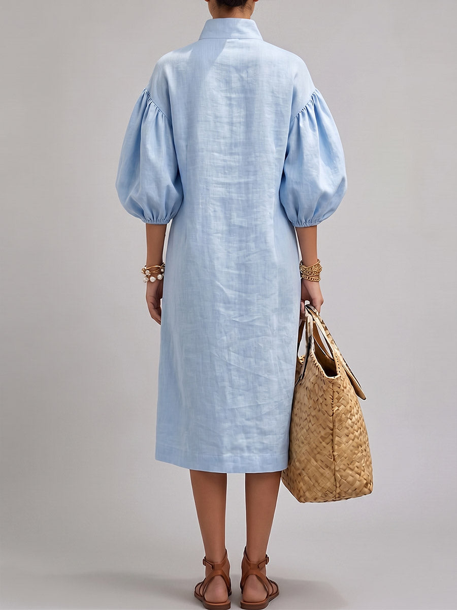 Women's Solid Color 3/4 Neck Long Sleeve Casual Loose Cotton Linen Dress