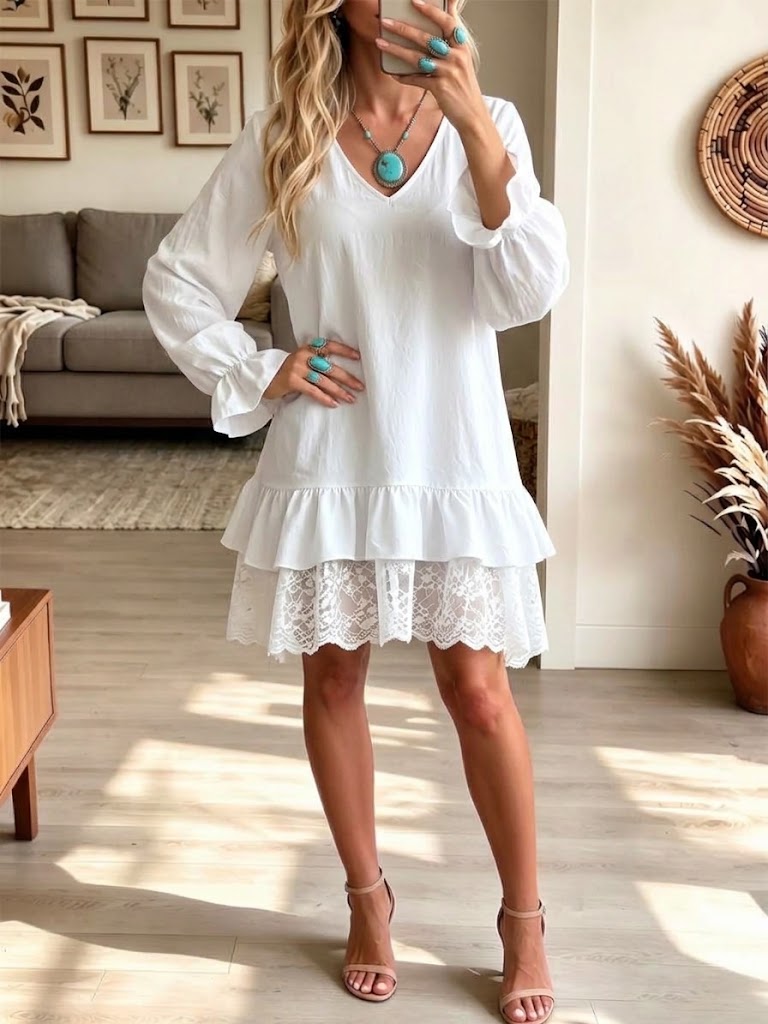 Vestido con cuello en V, mangas farol, aplicaciones de encaje y volantes