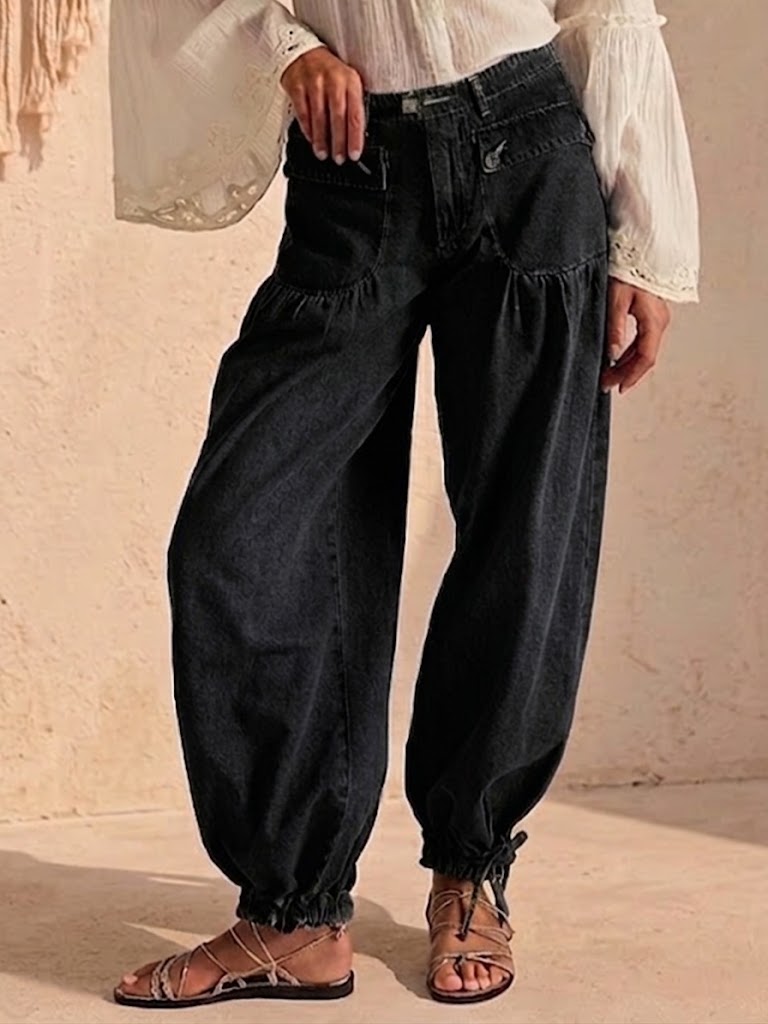 Pleated Mid-rise Loose Wide-leg Lotus-style Jeans