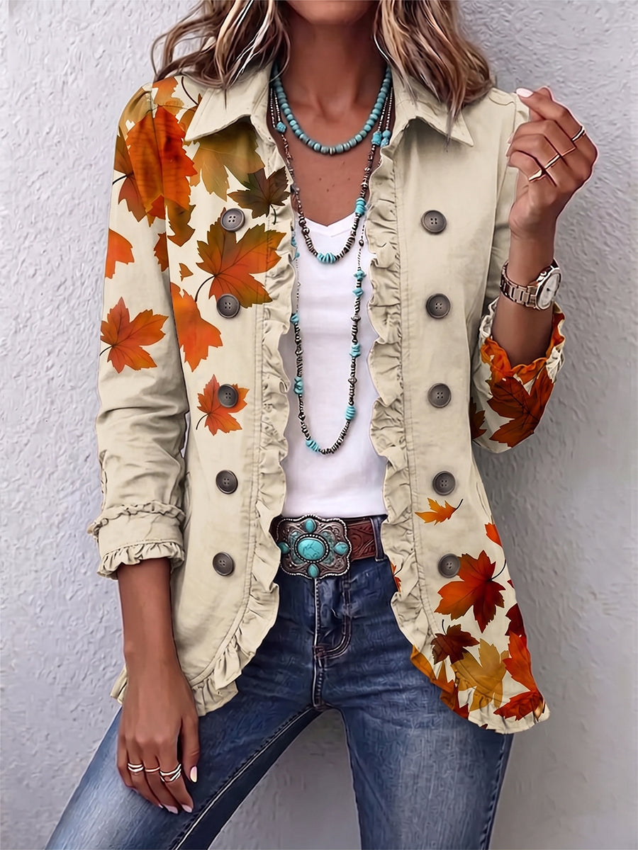Rustic Autumn Leaf Print Ruffled Jacket