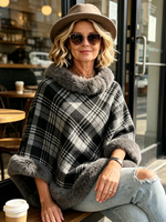 Cozy Plaid Fur-trimmed Poncho