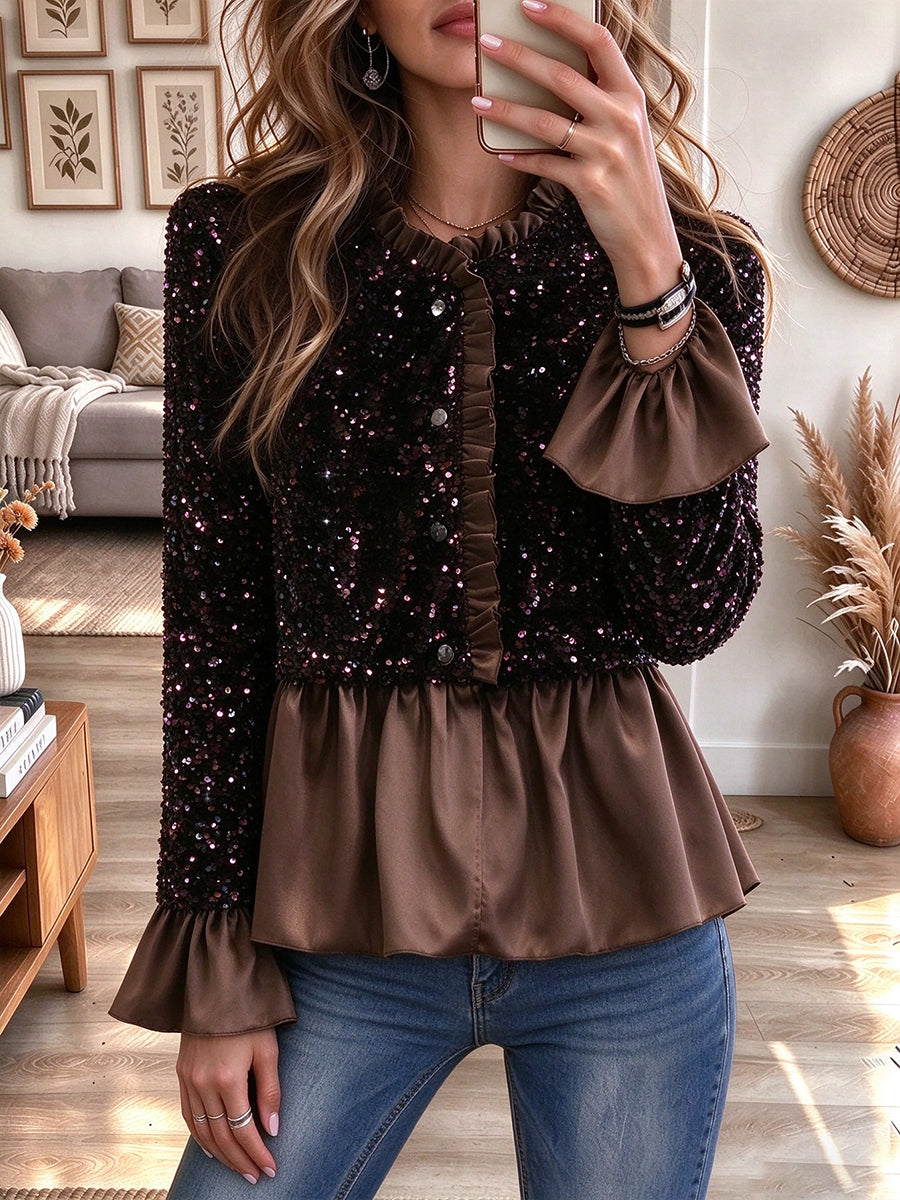 Glamouröse Pailletten-Mix-Media-Schößchenbluse