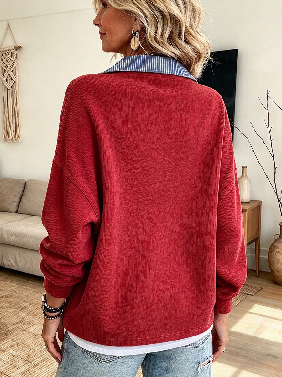 Sudadera relajada de pana con cuello a rayas