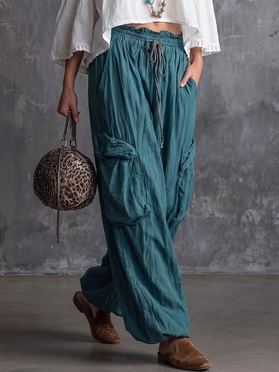 Women's Solid Color High-waisted Casual Loose Cotton Linen Wide-leg Pants