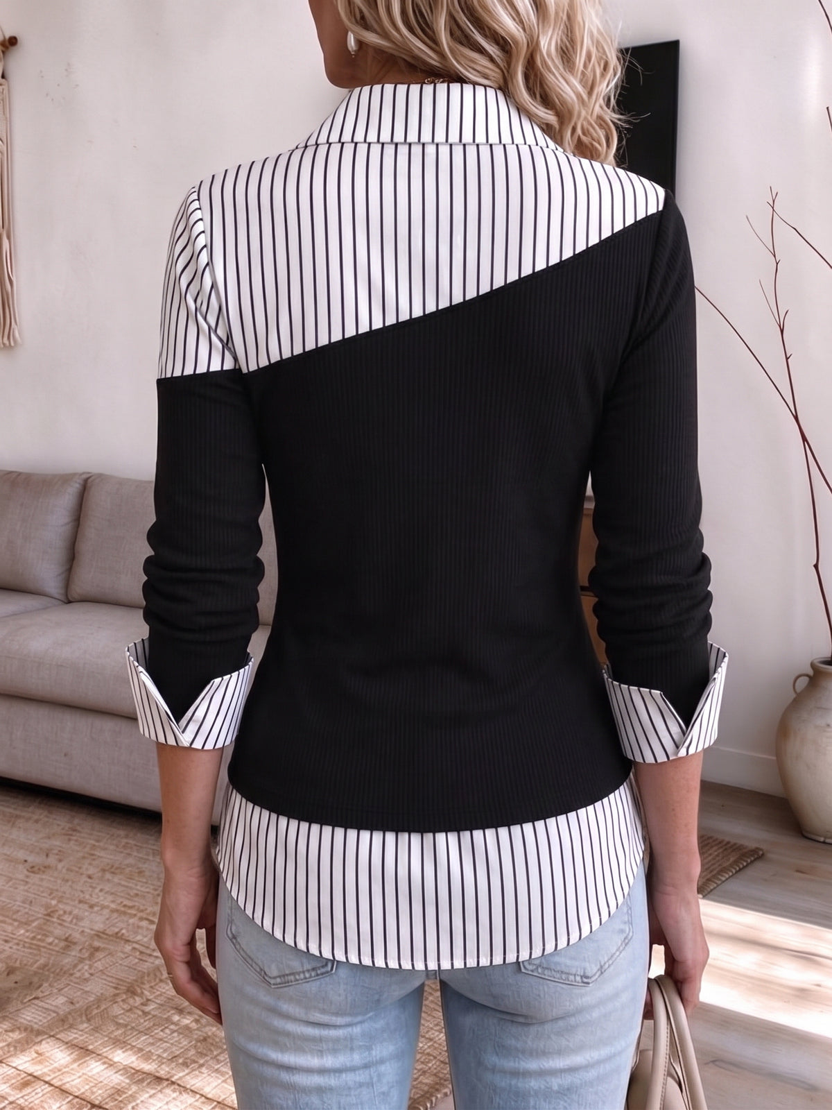 Chic Asymmetric Colorblock Striped Two-In-One Blouse