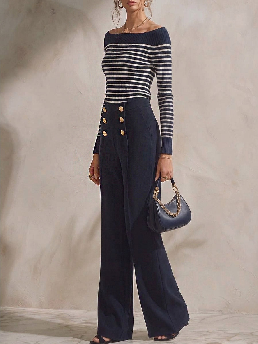 Women's 2-piece Set: Boat-neck Long-sleeve Loose Color-block Striped Knit Top & High-waisted Solid-color Wide-leg Pants With Metal Buckle Detail