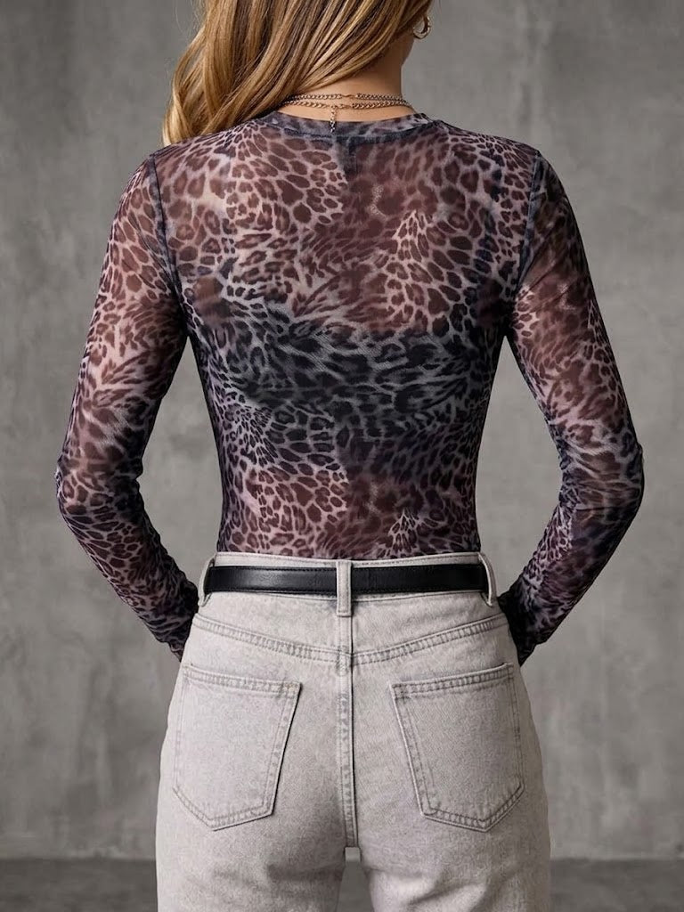 Stylish Mesh Crew-neck Leopard Print Slim-fit Top