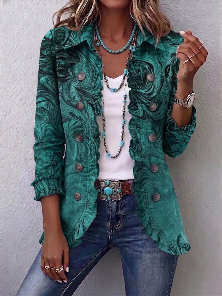 Boho-style Vintage Art Swirl Print Ruffle Jacket