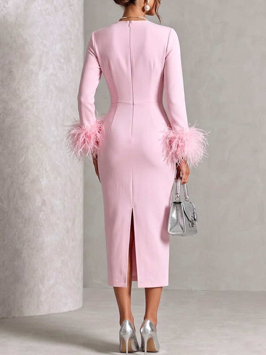 Square-neck, Long-sleeve, High-waisted, Slimming Dress With Feather Embellishment