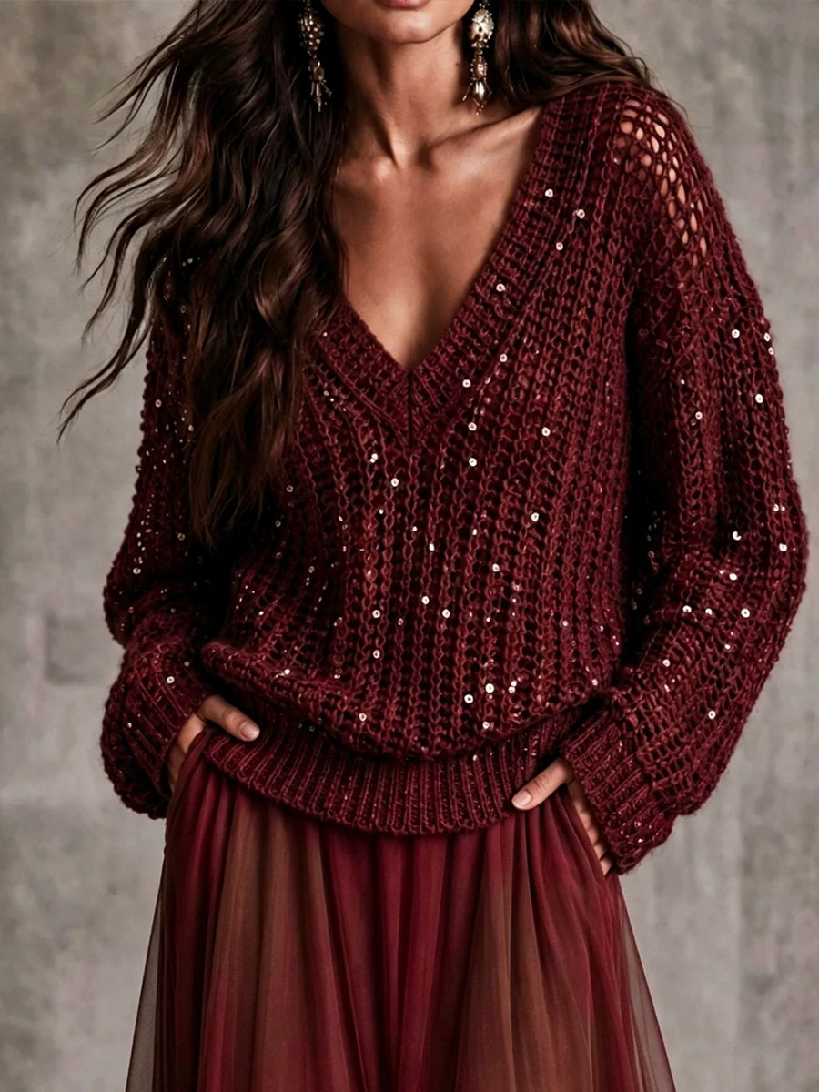 Chic Burgundy Sequin Open-Knit V-Neck Sweater