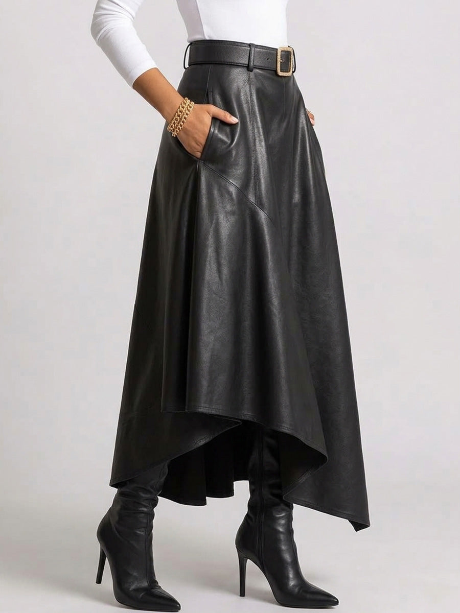Women's Solid-color High-waisted Casual Loose Irregular A-line Pu Leather Skirt