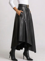 Women's Solid-color High-waisted Casual Loose Irregular A-line Pu Leather Skirt