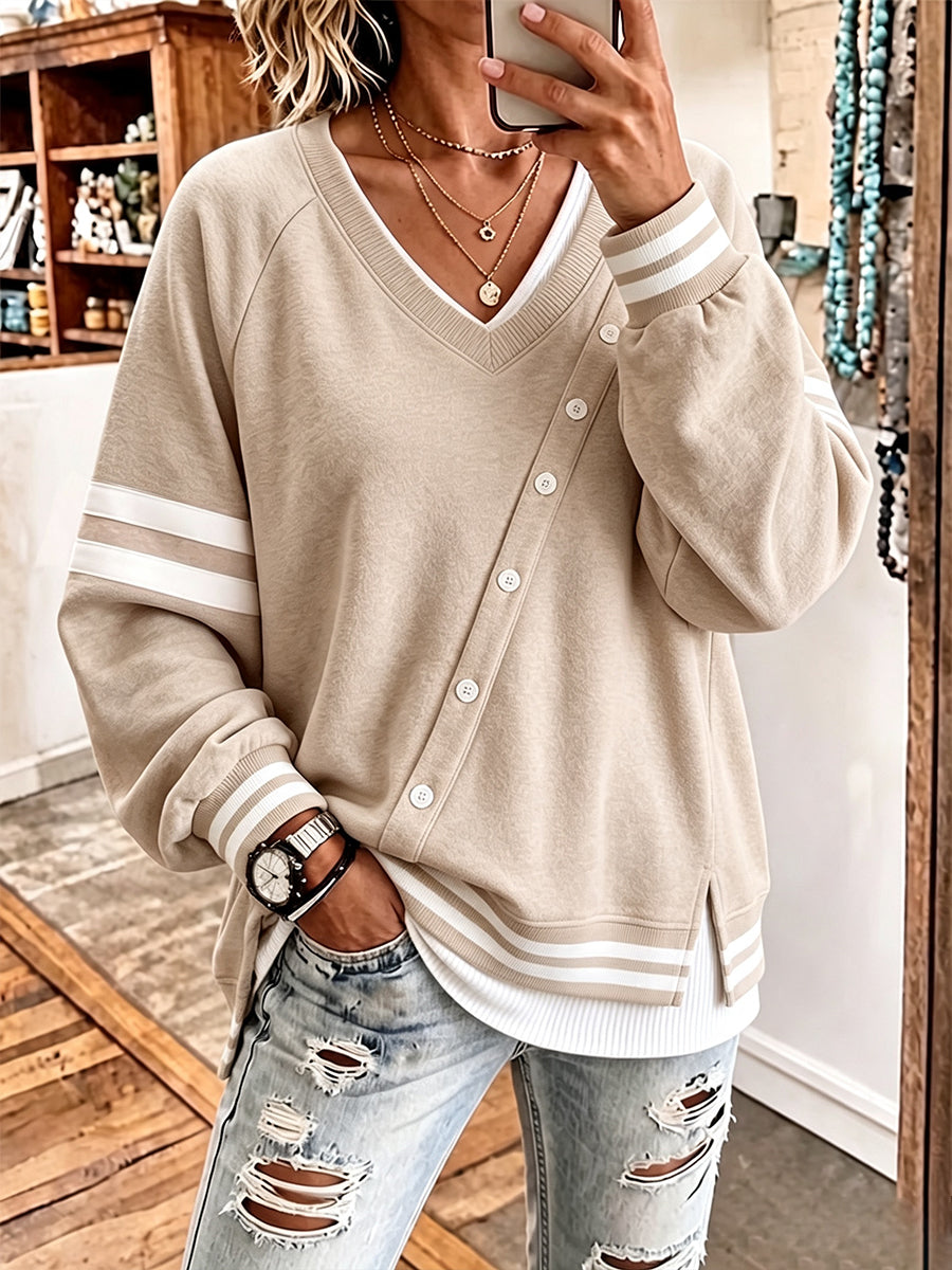 Chic Asymmetric Buttoned Stripe Sweatshirt